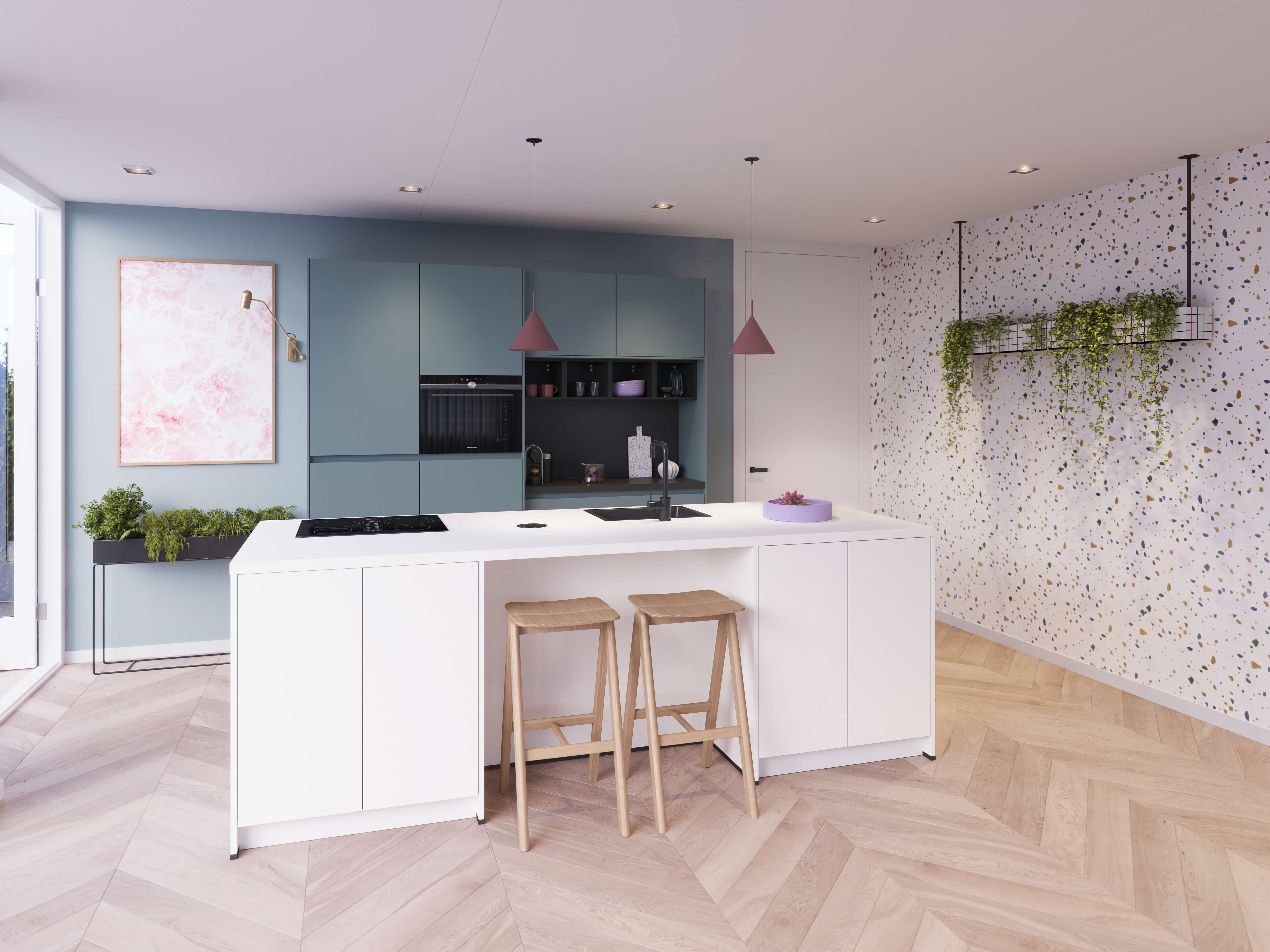 Industriele keuken met wit kookeiland