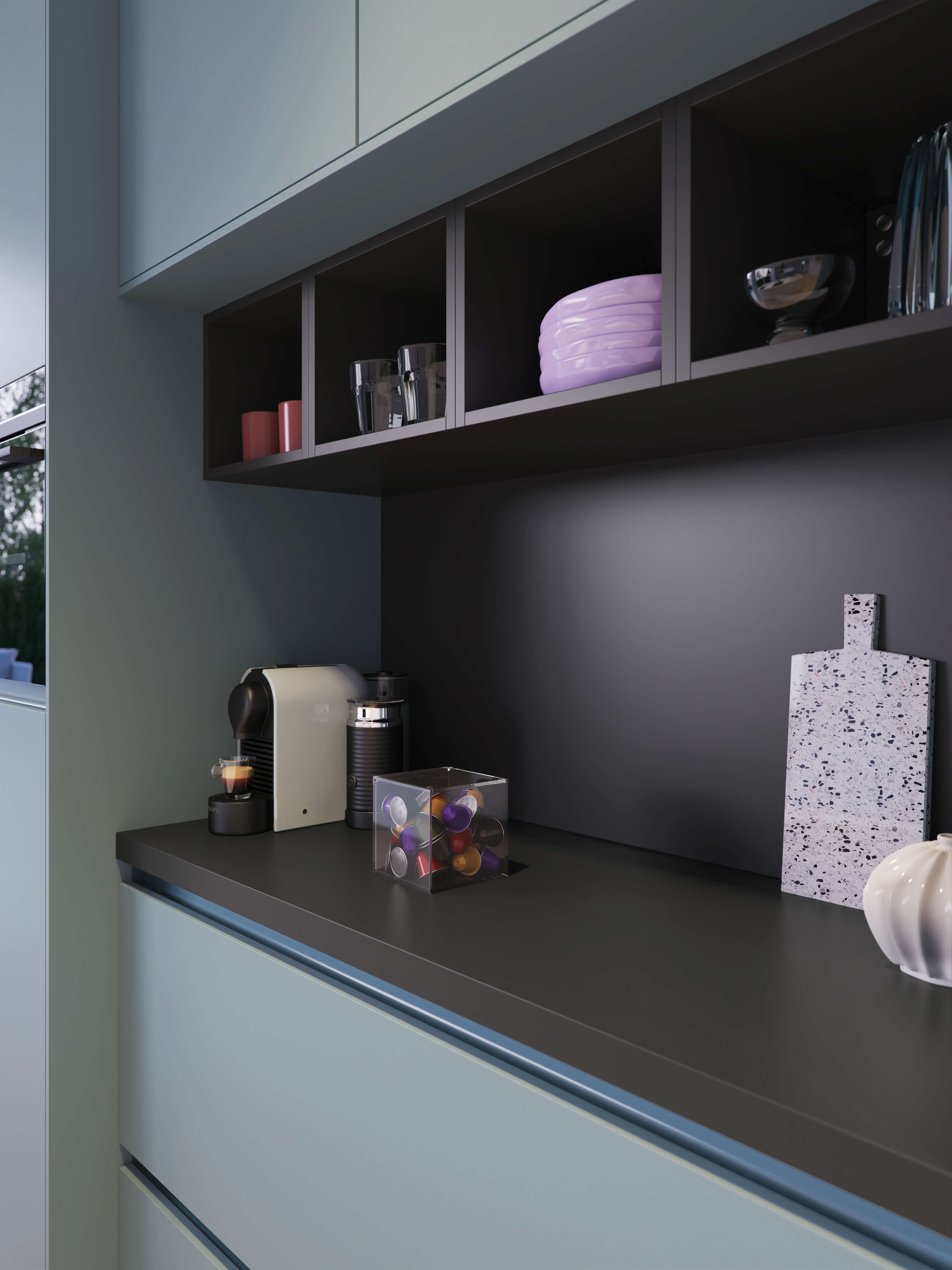 Blauwe moderne keuken met zwarte details